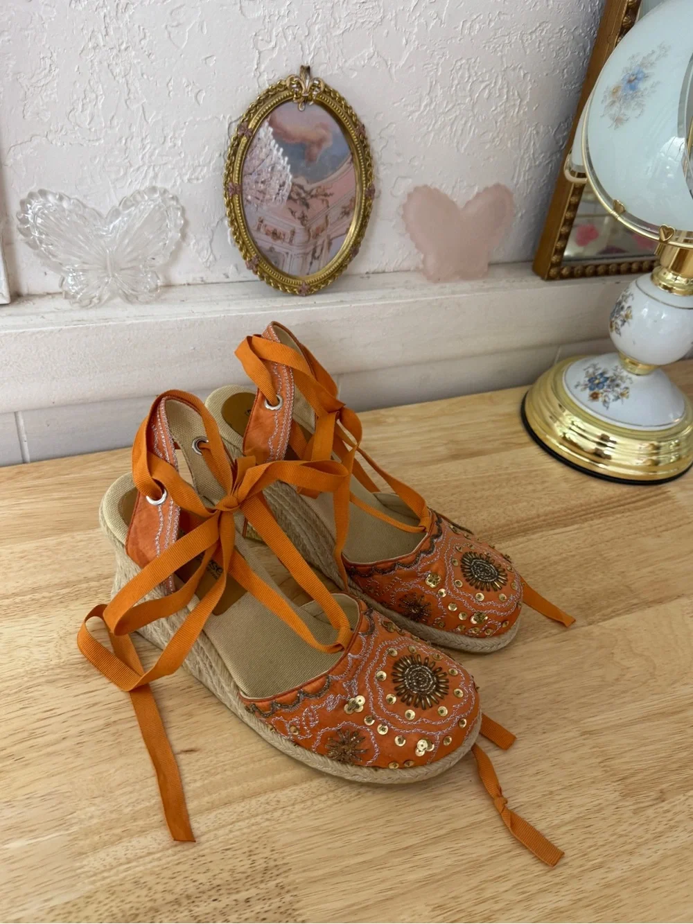 Skechers Orange Embellished Espadrille Lace-Up Wedge Sandals Size 8 Y2K Whimsy